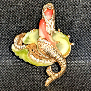 Hattie Carnegie Mermaid Brooch Faux Orange Coral/Jade w/Rhinestones Unsigned 2”